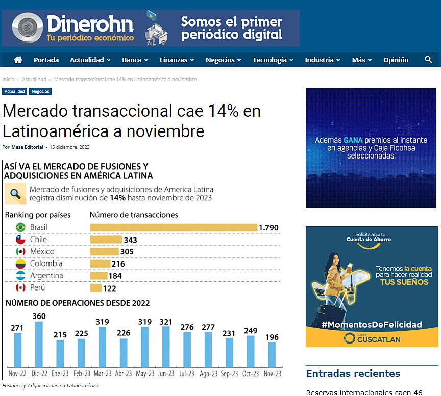 Mercado transaccional cae 14% en Latinoamrica a noviembre